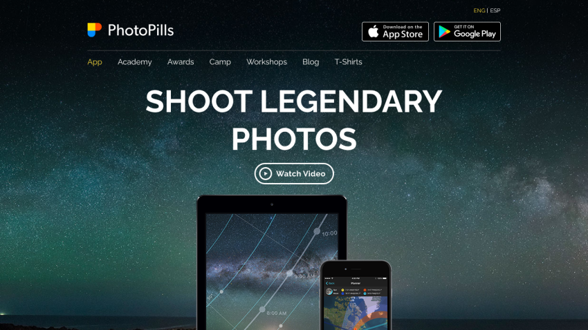 PhotoPills website header with navigation and call to action to shoot legendary photos, showing app on tablet and phone