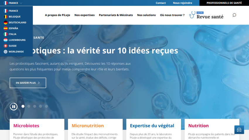 Website about probiotics with a hero section explaining 10 common ideas and their truths, plus navigation for health professionals and country selection.