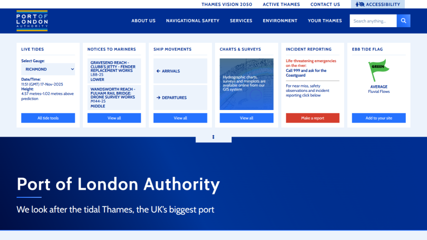 Port of London Authority homepage with navigation, live tides, notices to mariners, ship movements, charts, incident reporting, and ebb tide flag