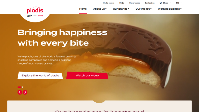Pladis homepage with slogan 'Bringing happiness with every bite' and buttons to explore or watch video