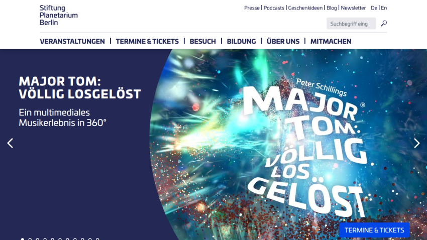 Stiftung Planetarium Berlin website featuring Major Tom multimedia music experience in 360° with navigation and ticket options
