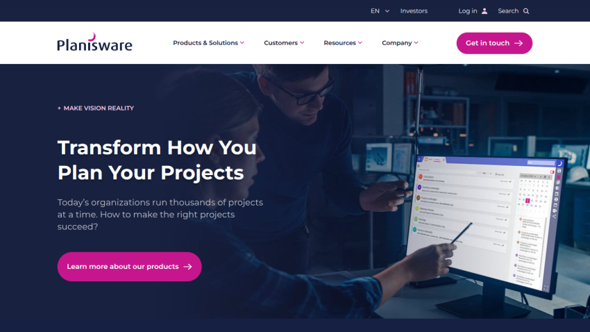 Planisware homepage with navigation and hero section promoting project planning solutions