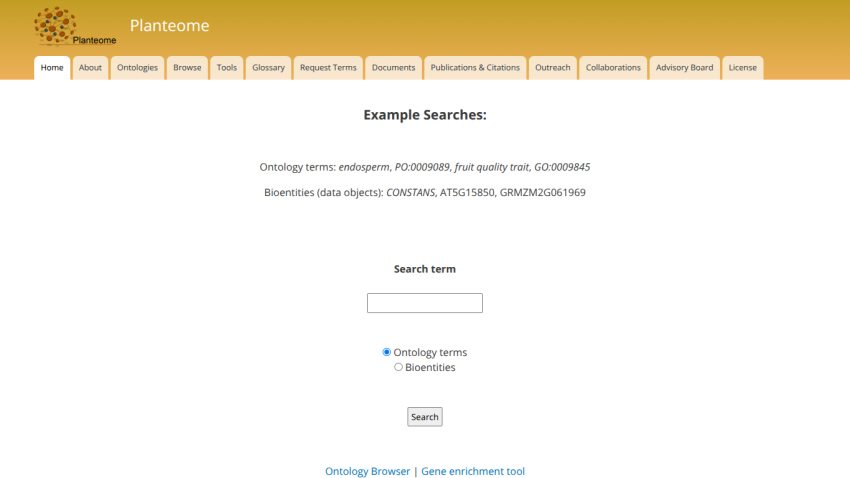 Planteome website with navigation menu and search form for ontology terms or bioentities
