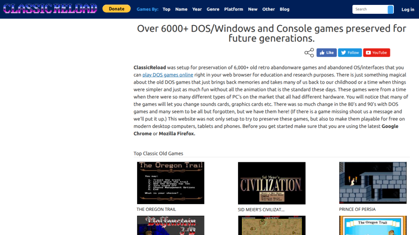 Website showcasing over 6000 DOS/Windows and console games for preservation.