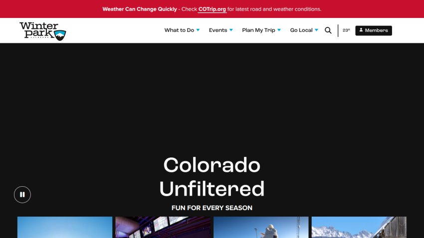 Winter Park Colorado website header with navigation and hero section titled Colorado Unfiltered fun for every season
