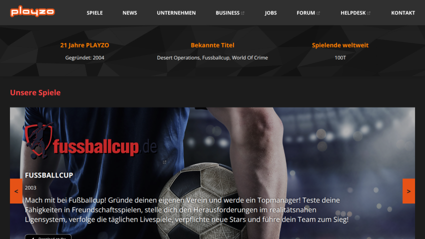 Website header with navigation menu and hero section promoting Fussballcup with a call to action button