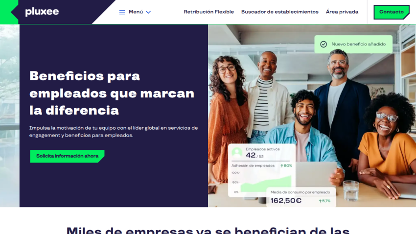 Website hero section promoting employee benefits with a group of smiling diverse people and engagement stats