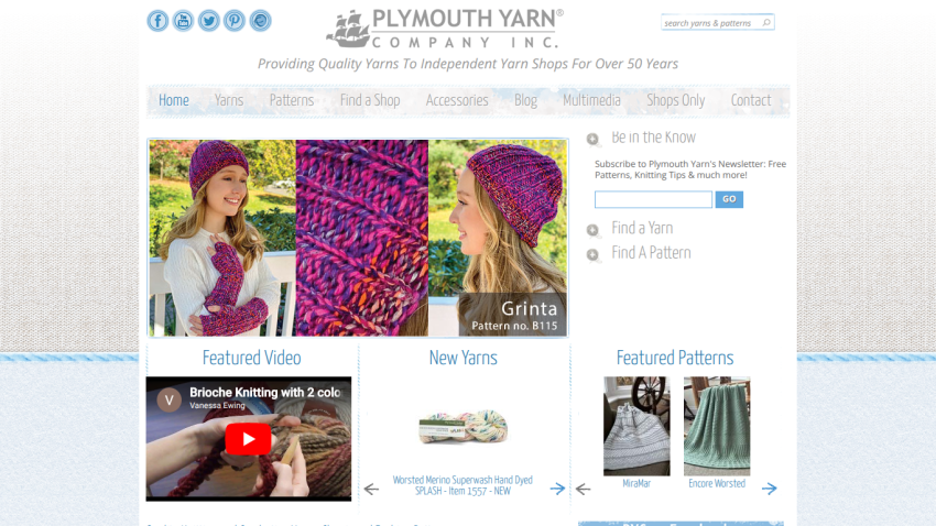 Homepage of Plymouth Yarn Company showcasing featured yarns and patterns.