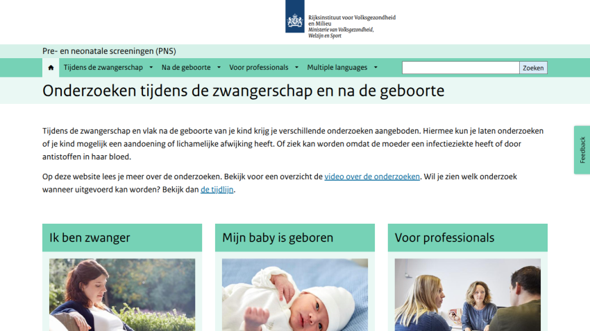 Dutch public health site on prenatal and neonatal screenings with sections for pregnant women, new parents, and professionals