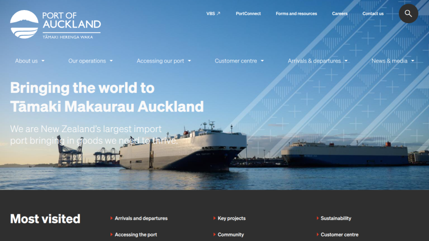 Port of Auckland website showing import port services with ships and navigation menu
