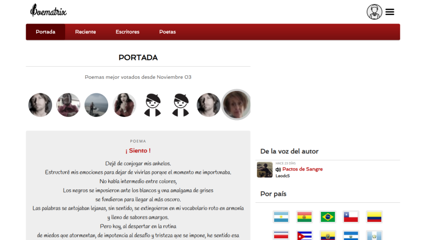 Homepage featuring top voted poems since November 03 with poem titled 'Historias del aire' and author voice section