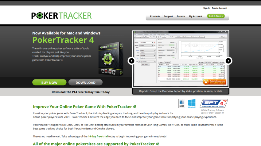 PokerTracker website homepage showing PokerTracker 4 software with download and buy options and feature highlights