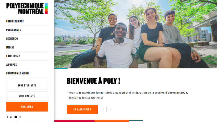 Welcome message for Polytechnique Montreal with students in a park setting.