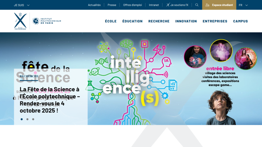 Website promoting the Fête de la Science event at École polytechnique, featuring colorful graphics and event details.