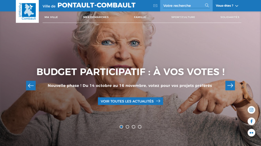 City of Pontault-Combault website with budget participatif voting announcement and elderly woman pointing
