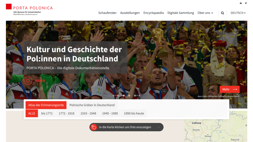 Website showcasing Polish culture and history in Germany with a map and navigation options.