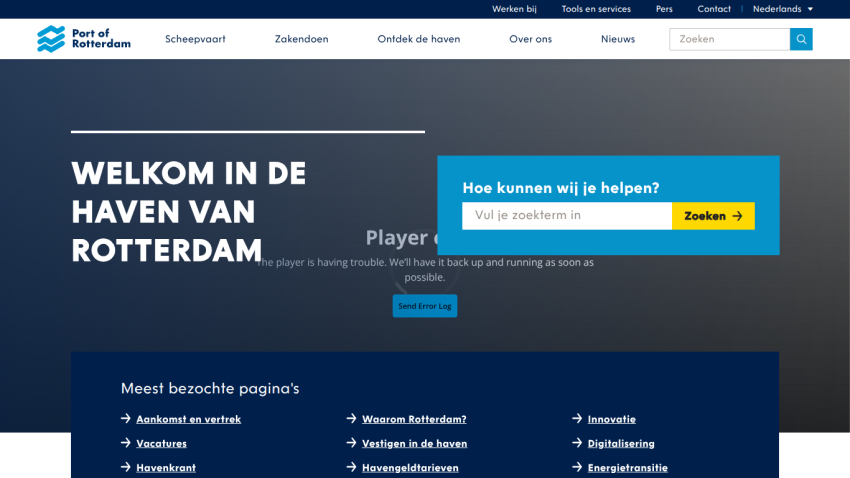 Welcome message for the Port of Rotterdam with navigation links.