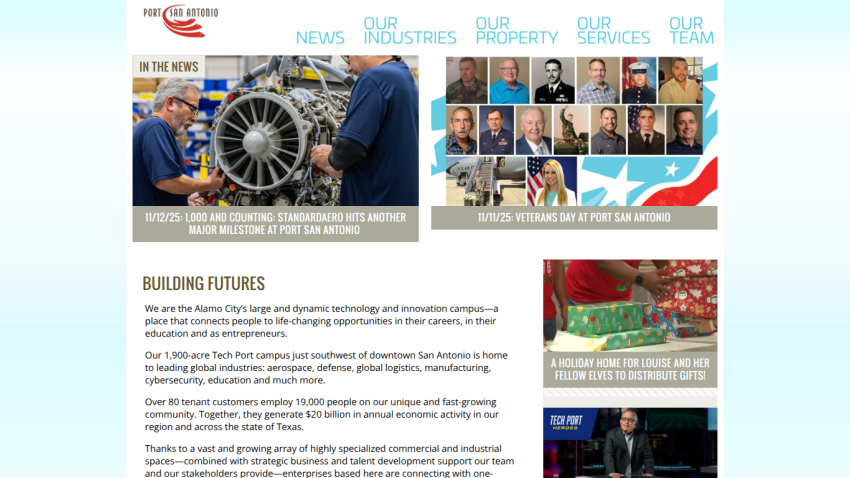 Port San Antonio homepage with news highlights, team photos, and description of the Tech Port campus and its industries