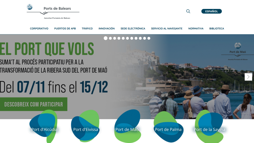 Ports de Balears website promoting participation in the transformation of the south shore of Port de Maó from 07/11 to 15/12