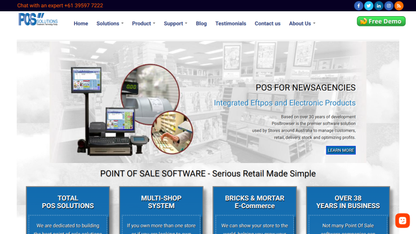 POS Solutions homepage featuring point of sale software for newsagencies with integrated Eftpos and electronic products