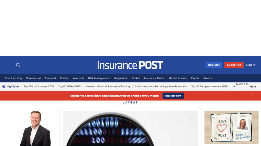 Insurance POST website header with navigation, subscription prompt, and latest news section featuring images and article links