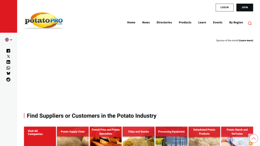 PotatoPro homepage with navigation, login/join buttons, and categories to find suppliers or customers in the potato industry