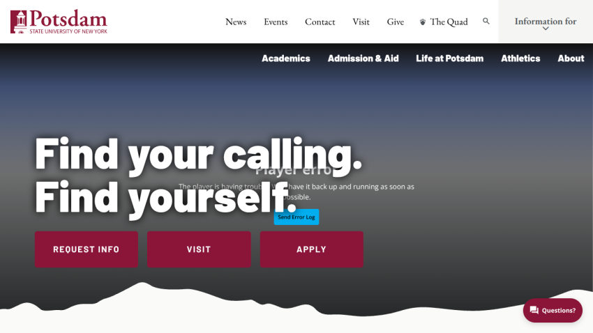 Homepage of Potsdam University with a call to action to find your calling and links to request info, visit, and apply.
