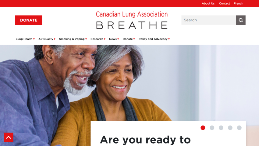 Canadian Lung Association homepage featuring a couple and a call to action about lung health.