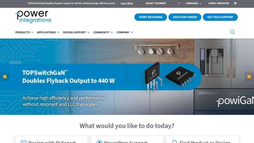 Power Integrations homepage featuring TOPSwitchGaN product announcement and navigation options.