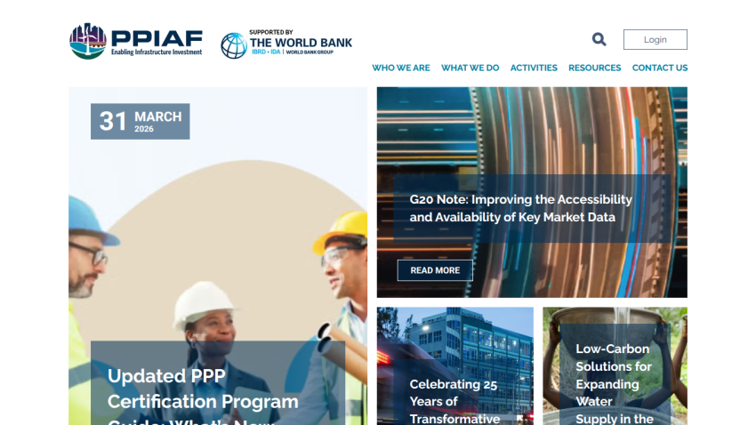 Homepage of PPIAF featuring updates on certification programs and market data accessibility.