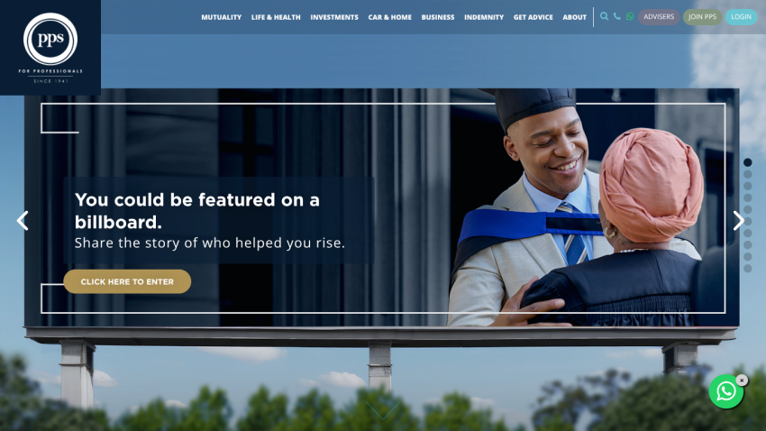 Website hero promoting a billboard feature with a graduate embracing a woman, navigation menu visible