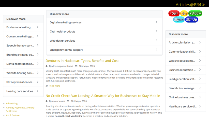 Website offering various professional services with a focus on digital marketing and dental information.
