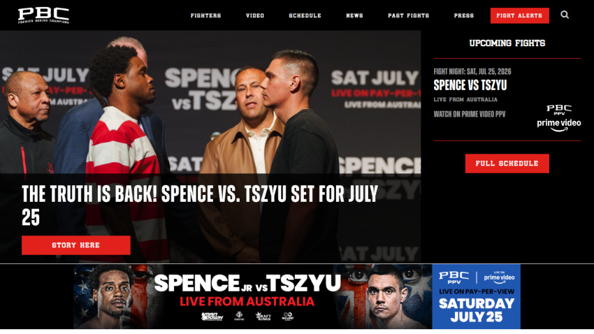 PBC homepage featuring Spence vs. Tszyu fight announcement and schedule.