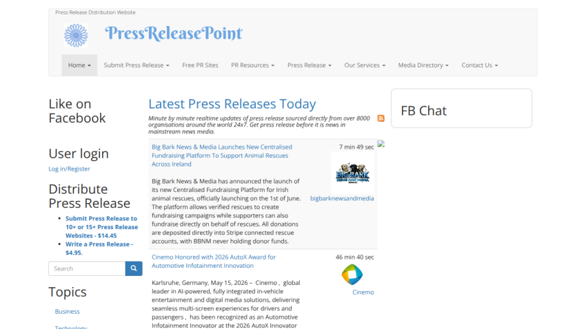 Latest press releases section with links and brief descriptions.