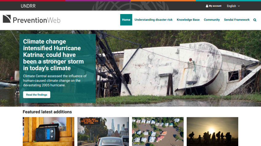 PreventionWeb homepage featuring climate change impact on hurricanes and latest additions.