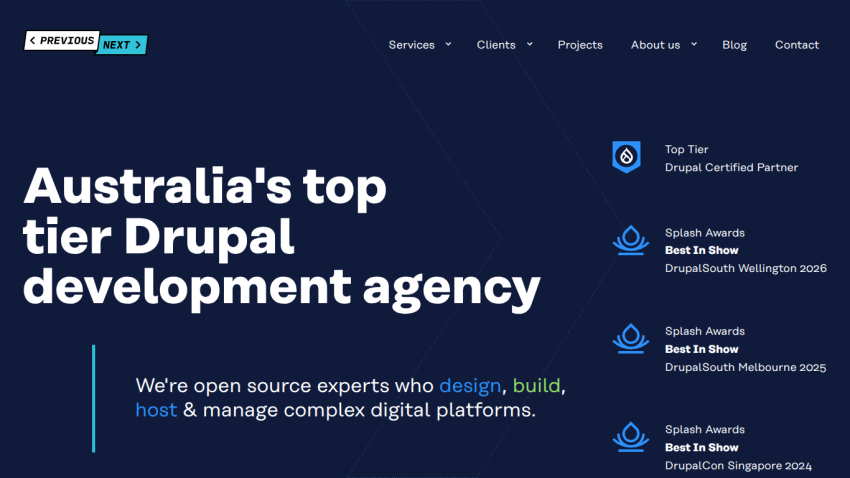 Homepage of a Drupal development agency showcasing their expertise and services.