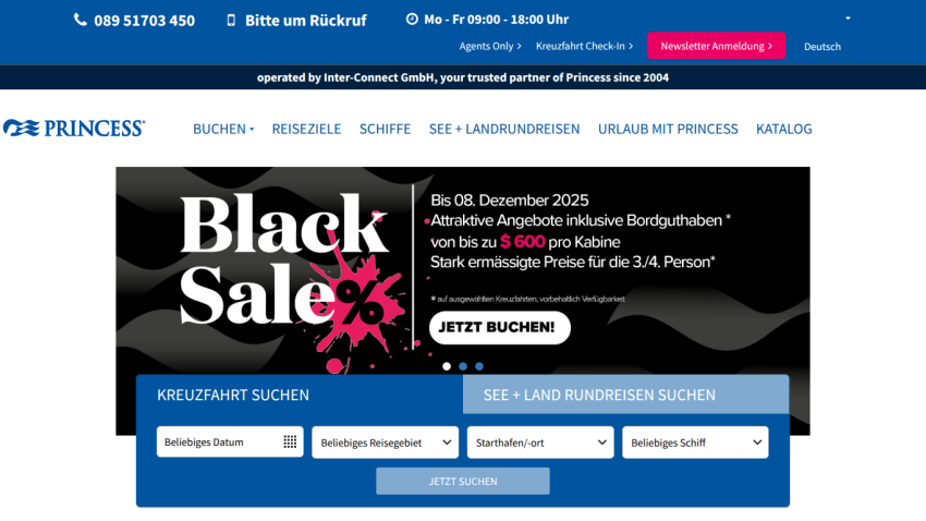 Princess Cruises website with Black Sale promotion offering up to $600 onboard credit per cabin and cruise search form