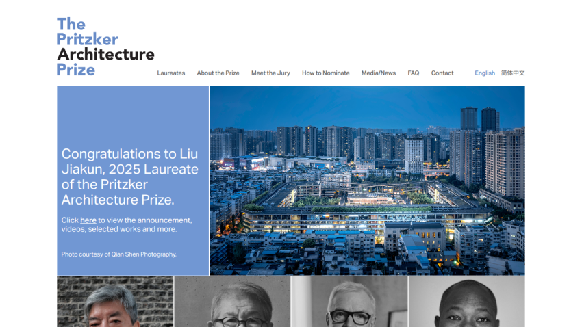 Homepage of the Pritzker Architecture Prize announcing 2025 Laureate Liu Jiakun.
