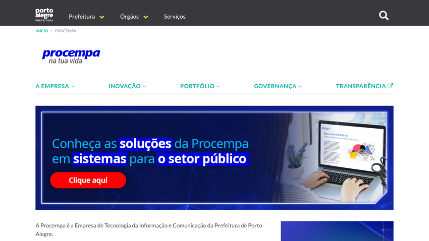 Homepage of Procempa showcasing solutions for public sector systems.