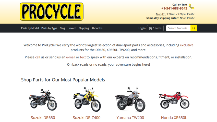 ProCycle homepage with navigation, contact info, welcome message, and popular motorcycle models for parts shopping.