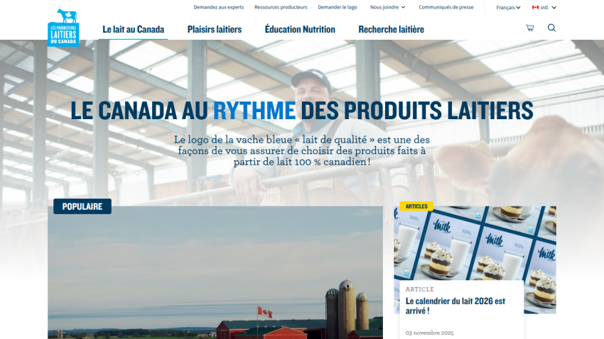 Canadian dairy producers website promoting quality milk products with articles and popular content sections