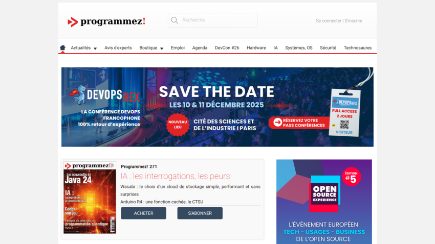 Programmez! website with navigation menu, DevOps Rex conference save the date banner, and magazine issue highlights