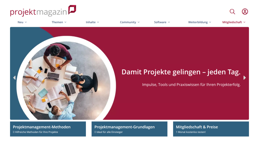 Projektmagazin homepage offering project management methods, basics, and membership pricing with a collaborative team image