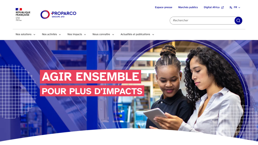 French government and Proparco logos with headline 'Agir ensemble pour plus d'impacts' and two women looking at a tablet
