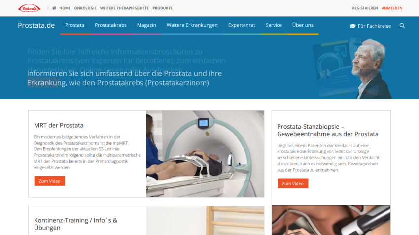 Website offering information on prostate health and treatments, featuring a hero image and service links.
