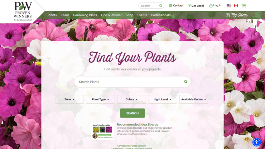 Search section for plants with filters for size, type, color, and light level.