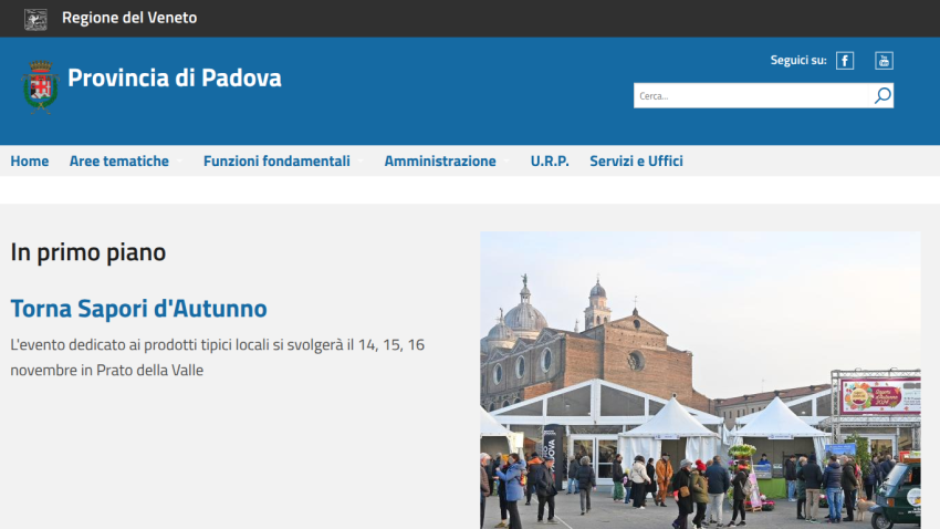 Provincia di Padova website showing event 'Torna Sapori d'Autunno' in Prato della Valle on Nov 14-16 with local products