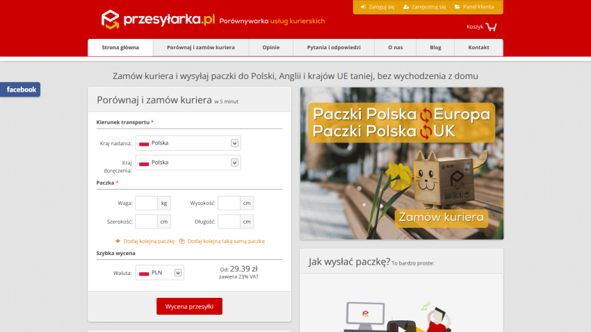 Courier service website with a form for sending packages and promotional images.