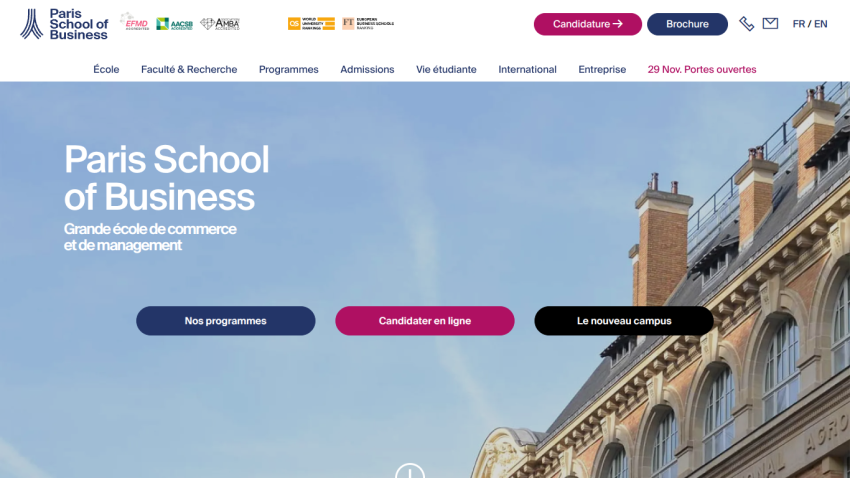Paris School of Business homepage with navigation menu, call-to-action buttons, and a building facade under a blue sky.