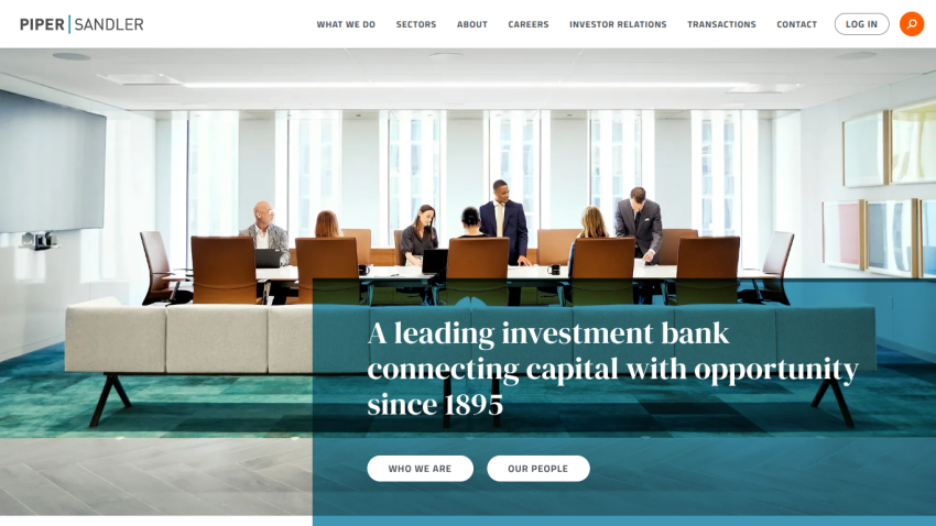 Investment bank homepage with tagline connecting capital with opportunity since 1895 and navigation menu